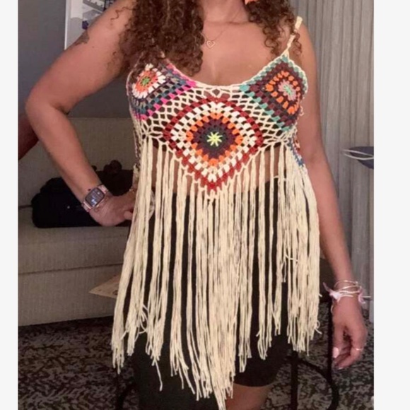 Plus Multicolor Floral Semi Sheer Crochet Fringe Hem Tank Top - Picture 1 of 6